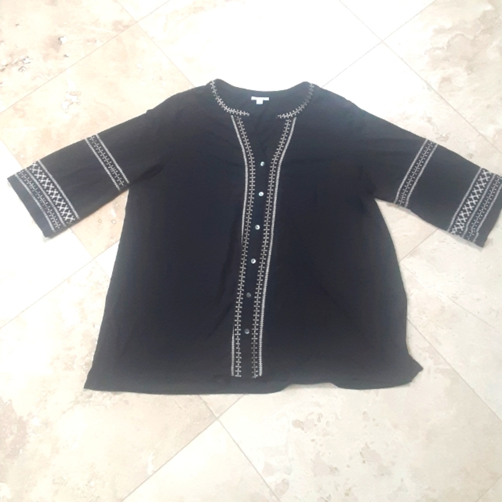 J. Jill Button Front Top, Embroidered Details, Made In India, Gently Pre-Worn